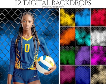 12 Smokey Chainlink Fences Cyfrowe tła fotograficzne, nakładki Photoshop, tła studyjne dla fotografów, tła sportowe i dla seniorów
