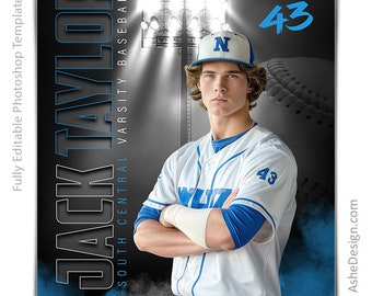 Photoshop Baseball Poster Templates, PSD Sports Photography-Templates, Resize For Senior Night Banners, Under The Lights Baseball