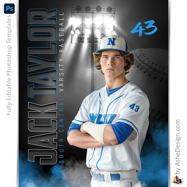 Photoshop Baseball Poster Templates, PSD Sports Photography-Templates, Resize For Senior Night Banners, Under The Lights Baseball