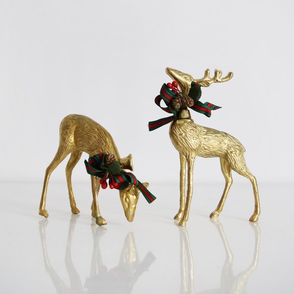 Brass Deer Figurines, Vintage Pair of Spotted Christmas Brass Deer, Mid Century Holiday Decor