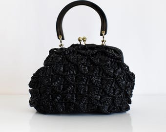 Vintage 1960s Black Raffia Handbag