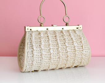 60s White Woven Raffia Purse, Vintage 1960s Handbag