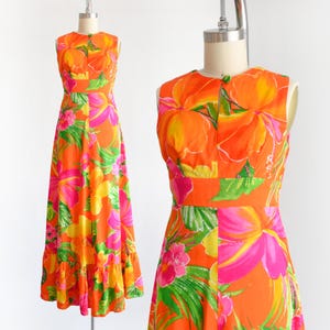 Vintage 1970s Pink & Orange Floral Hawaiian Maxi Dress, xs
