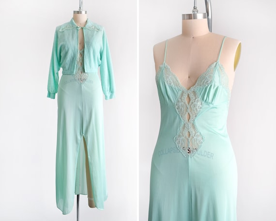 70s Mint Green Nightgown & Bed Jacket Set, Vintag… - image 1