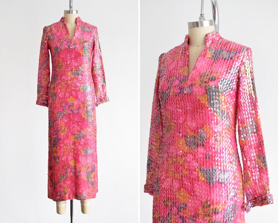 Pink Floral Sequin Dress, Vintage 70s Maxi Dress,