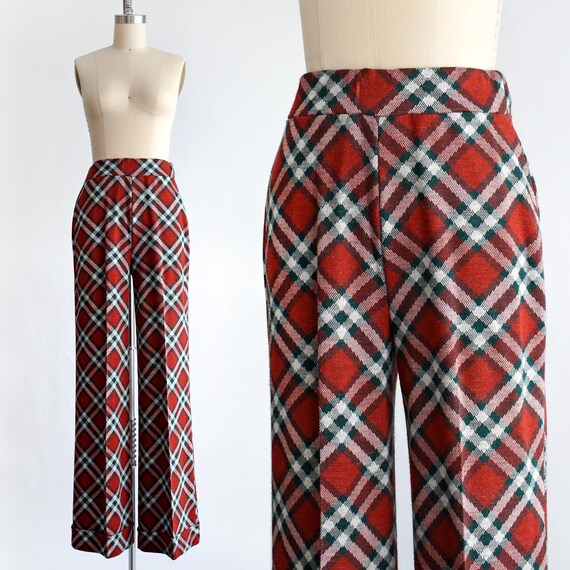 1970s Red Green Plaid Wide Leg Pants, Vintage 70s Flared