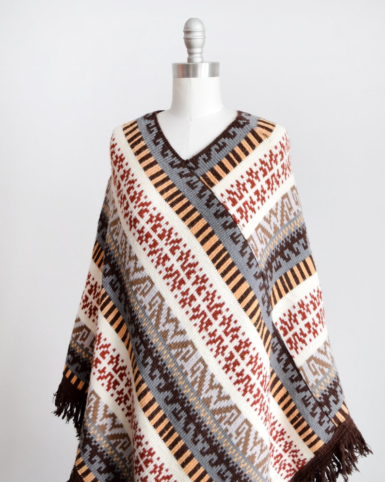 70s Knit Poncho Vintage 1970s Fringed Poncho Blanket Poncho Boho Striped Sweater Shawl