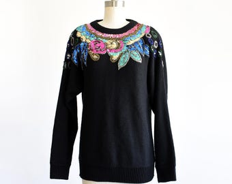 Vintage 1980s Floral Sequin Black Sweater, small/small medium