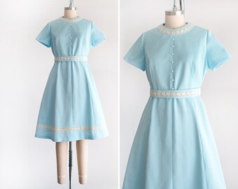 60s Light Blue Mod Lace Trim Dress, Vintage 1960s dress, large