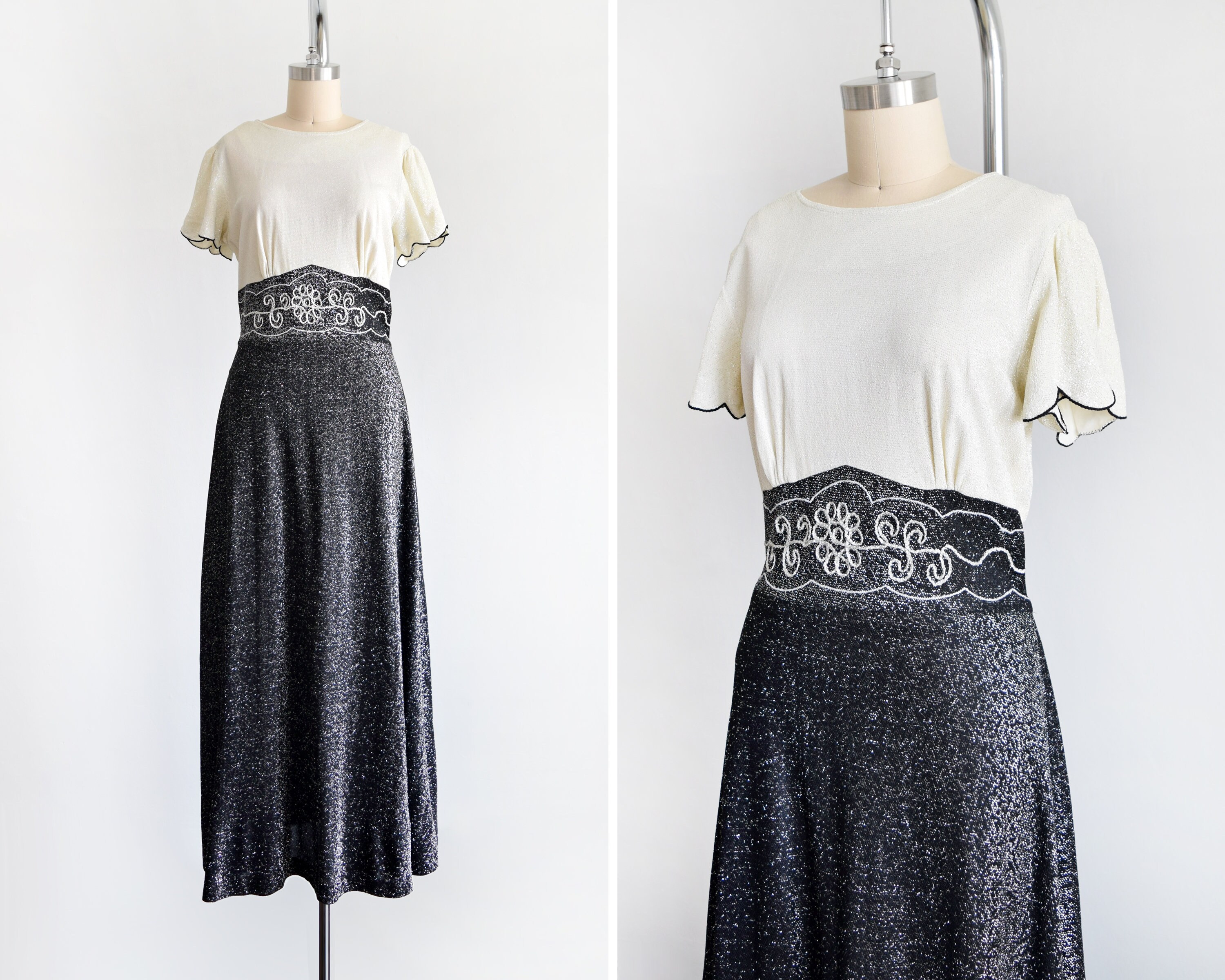 Boho Chic Vintage 70/'s Disco Fashion Maxi Skirt and Top with knitted Lurex Waist band and Trim