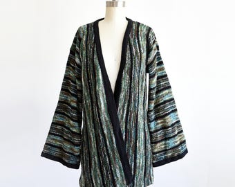 70s Green & Black Striped Bell Sleeve Vintage Cardigan, small medium