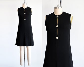 60s Black Keyhole Rhinestone Dress, Vintage 1960s Knit Mod Party Dress, small