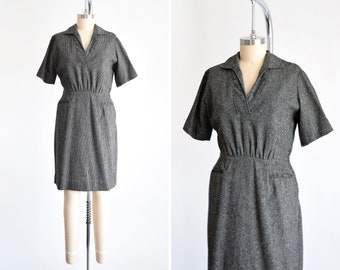 50s Wool Dress, Vintage 1950s Sue Brett Dress, Black & White Striped Wool Dress w/ Pockets, large