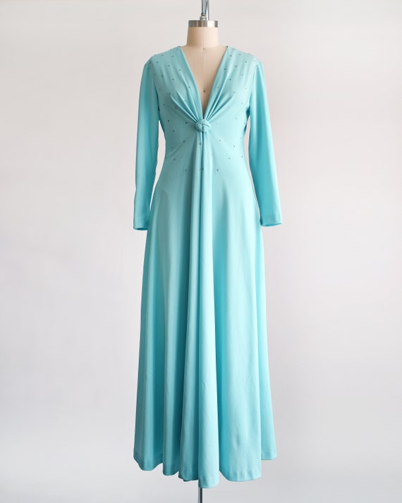 70s Blue Rhinestone Maxi Dress, Vintage 1970s Plu… - image 2