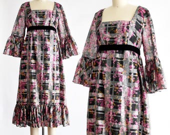 Robe métallisée à fleurs Victor Costa Romantica années 70, petite