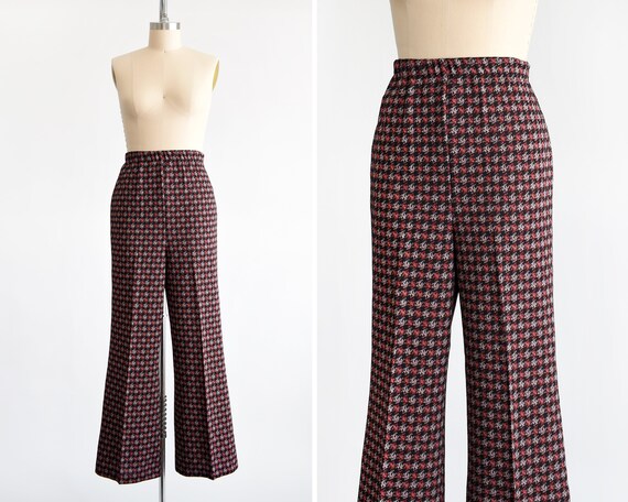 70s Wide Leg Pants, Vintage 1970s Pants, Black \u0026 Red Houndstooth High Waist Flared Trousers, Medium