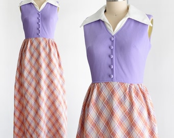 70s Purple & Orange Plaid Mod Maxi Dress, small medium/medium