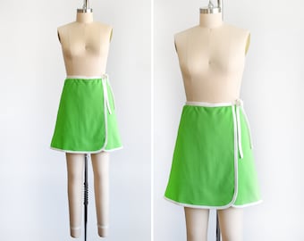 1970s Green & White Skort, Vintage 70s Skirt w/ Shorts, extra large