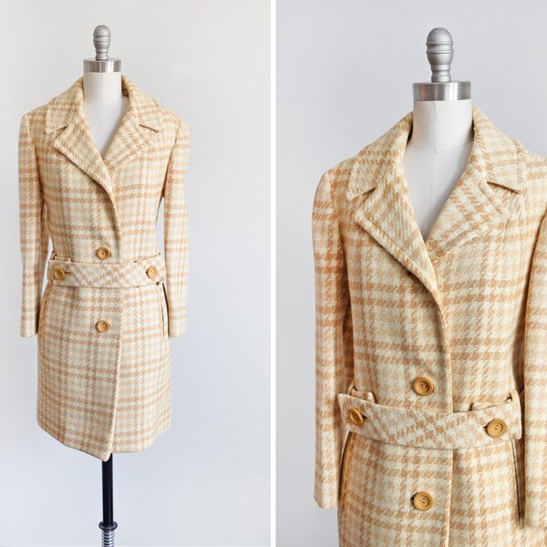 60s Plaid Wool Coat, Vintage 1960s Houndstooth Coat, Cream Tan & White Wool Belted Coat, small - small/medium