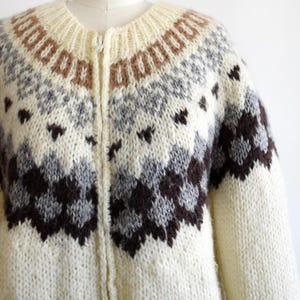 close up of the shoulder area of a vintage 1970s Fair Isle zip up sweater on a mannequin against a white background