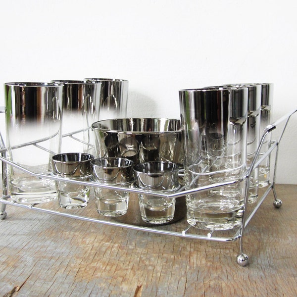 mad men cocktail set / silver mid century glasses with serving tray