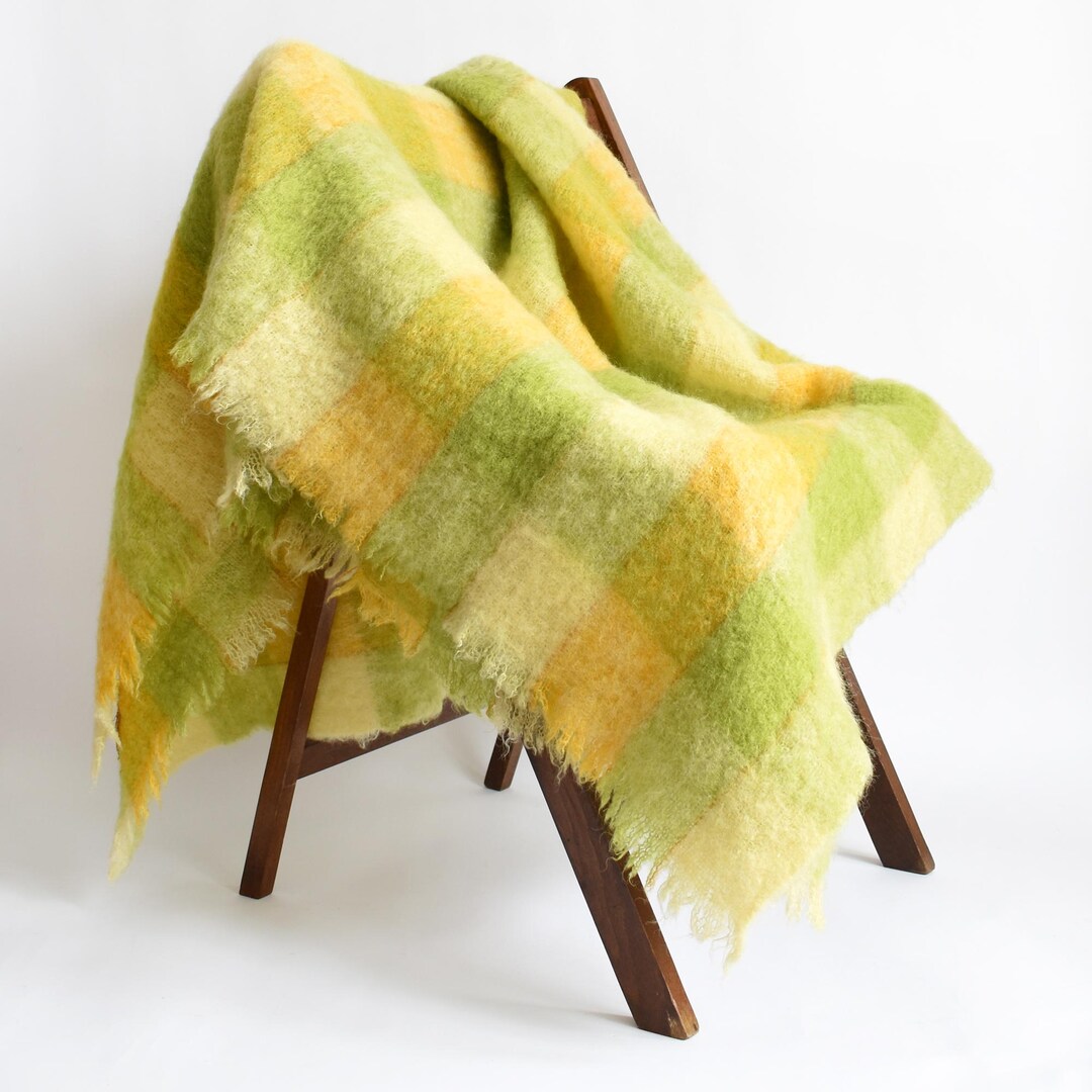 Green & Yellow Plaid Blanket, Vintage Mohair Wool Fringed Throw, Made