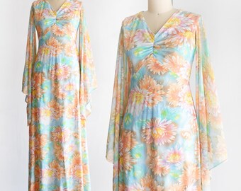 Vintage 1970s Floral Angel Sleeve Maxi Dress, small