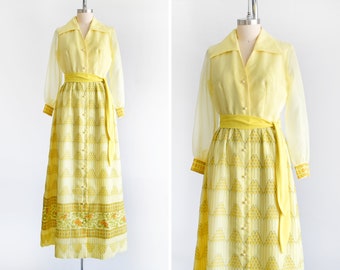 70s Alfred Shaheen Maxi Dress, Vintage 1970s Yellow Floral Button Up Long Sleeve Hostess Gown, medium large