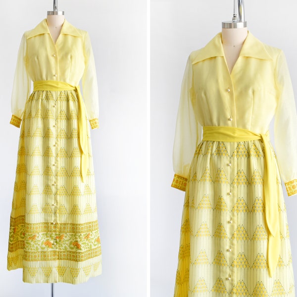 70s Alfred Shaheen Maxi Dress, Vintage 1970s Yellow Floral Button Up Long Sleeve Hostess Gown, medium large