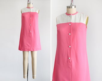 60s Pink Mod Mini Dress, Vintage 1960s Scooter Dress, medium