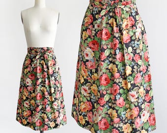 Vintage 1970s Black Floral Wrap Skirt, xs to medium