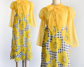 60s Yellow & Navy Blue Floral Vintage Dress, xxs/xs