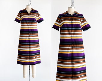 1970s Mod Striped Dress, Vintage 70s Purple, Black, & Yellow Zip Front Scooter Dress, large