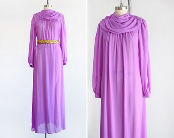 70s Sheer Purple Draped Maxi Dress, Vintage 1970s Disco Gown, medium to large