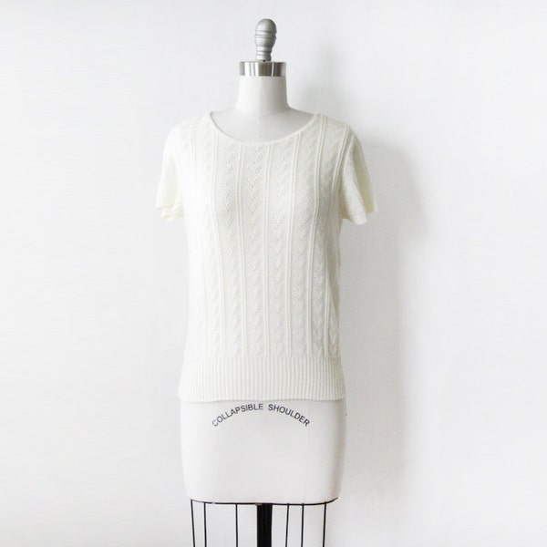 white short sleeve sweater, 80s white knit blouse, vintage white pointelle sweater
