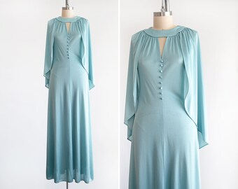 70s Seafoam Blue Maxi Dress w/ Cape, Vintage 1970s Disco Party Gown, small medium