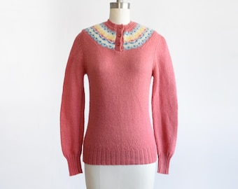 Vintage 1980s Dark Pink Fair Isle Wool Sweater, xs
