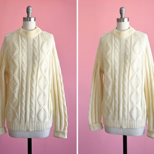 70s Cream Cable Knit Sweater, Vintage 1970s Fisherman Pullover Jumper, medium large
