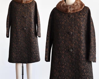 Vintage 1960s Schwarz & Brauner Pelzkragen Mantel, mittelgroß/groß