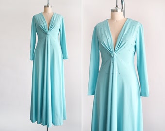 70s Blue Rhinestone Maxi Dress, Vintage 1970s Plunge Deep V-Neck Gown, medium