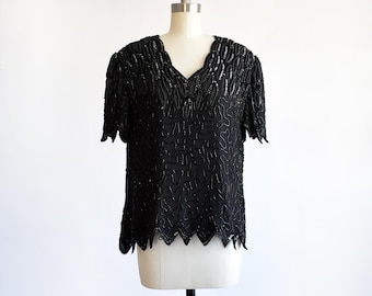 Black Beaded & Sequin Top, Vintage 1980s Laurence Kazar Blouse, medium