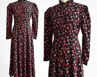 Vintage 1990s Black & Pink Floral Corduroy Dress, medium large/large
