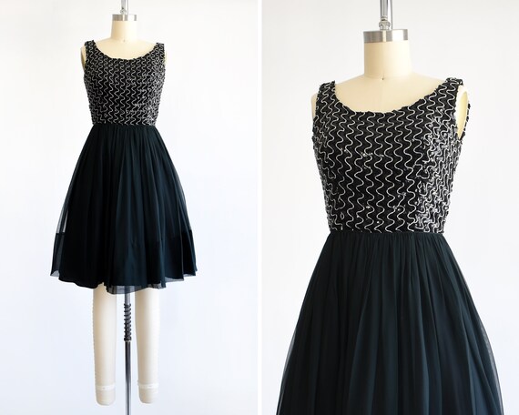 60s Black & Silver Sequin Cocktail Dress, Vintage… - image 1