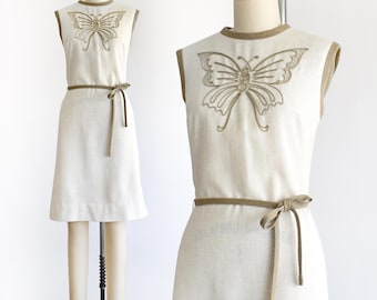 Vintage 1960s Schmetterling Leinenkleid, Medium