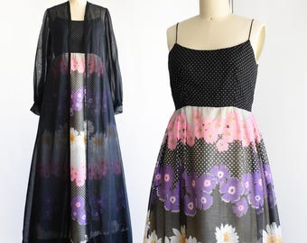 Vintage 1970s Polka Dot Floral Maxi Dress w/ Duster, xs