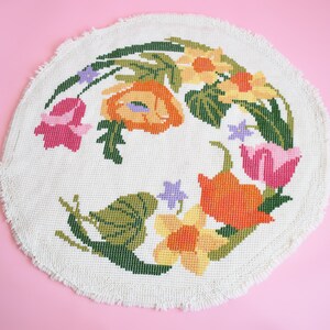 Back view of a vintage round floral latch hook rug that has cream white shaggy acrylic with a colorful floral motif in pinks, orange, yellow, purple and greens. The rug is on a pink background.