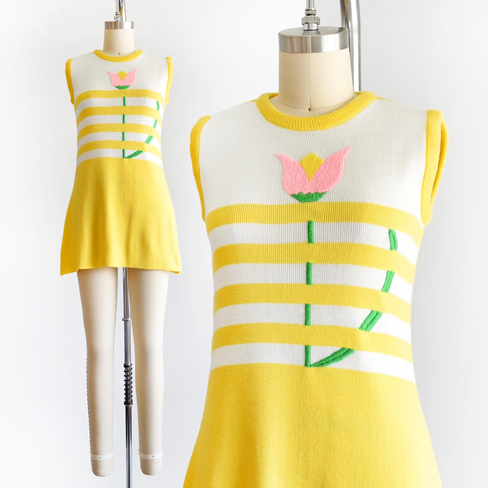 Vintage 1970s Yellow Striped Dress w/ Pink Embroidered Flower,  xxs/xs