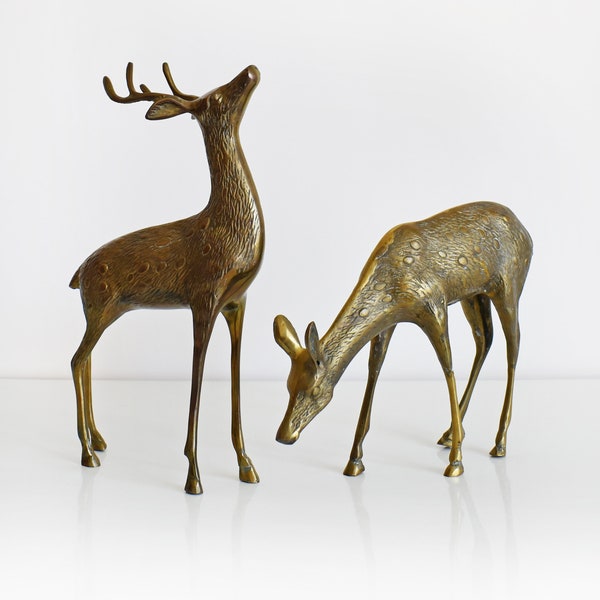 Vintage Brass Deer Figurines, Large Brass Deer, Mid Century Decor, Christmas Winter Holiday Decoration