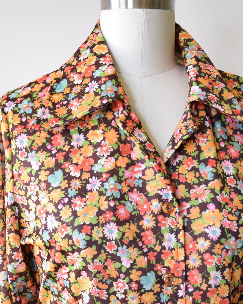 vintage 70s disco shirt 1970s autumn flower print button up shirt 1970s floral blouse medium m