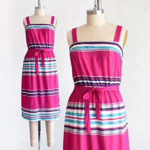 Vintage 1970s 1980s Magenta Striped Sundress, medium/medium large